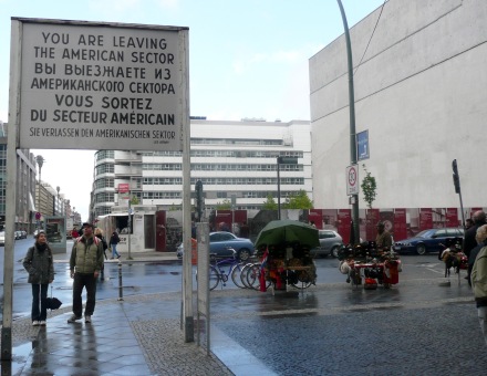 Leaving American sector sign and line of Berlin Wall